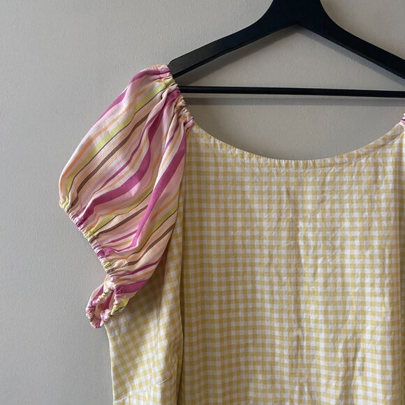 Handmade Plus Size Cotton Viscose Yellow White Gingham Pink Stripes Dress - Picture 3 of 12